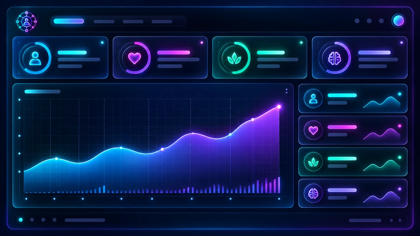 Illustrative dark-neon intelligence dashboard with metric panels, a progress chart and insight rows