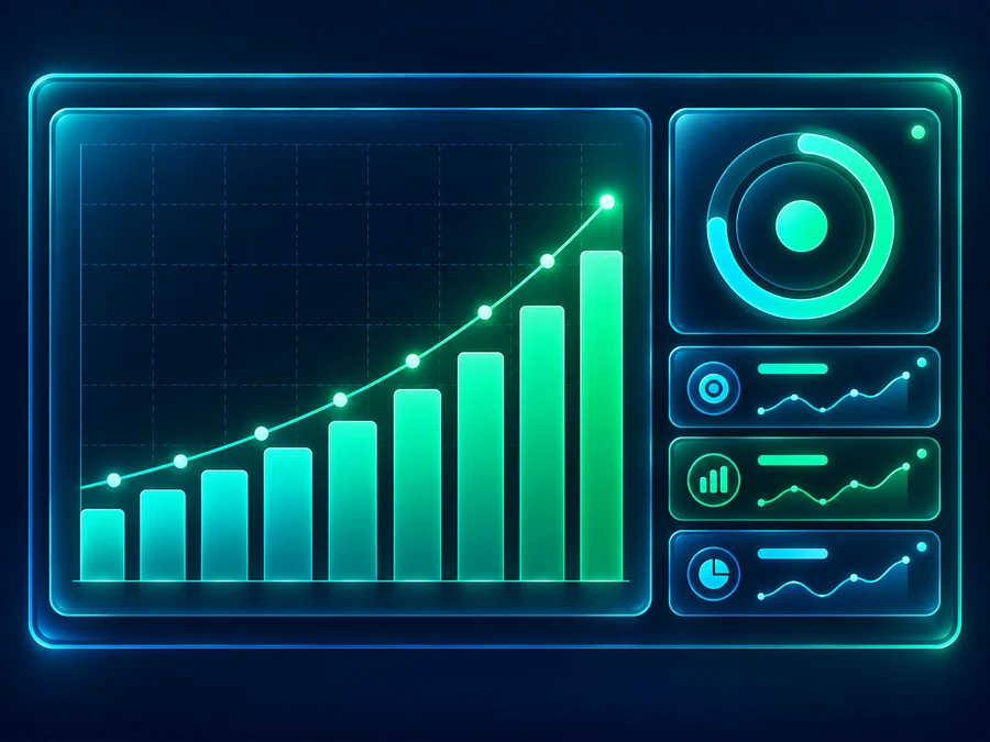 Illustrative outcomes dashboard with a rising mint chart and circular progress visual