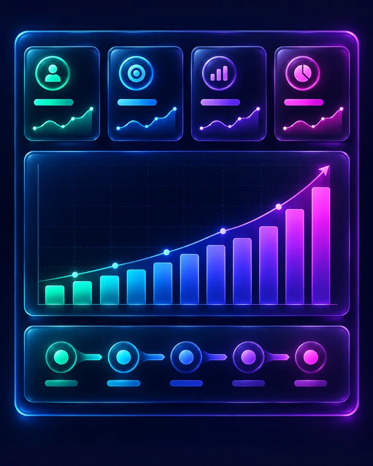 Illustrative CRM analytics dashboard with metric cards, a rising chart and workflow stages