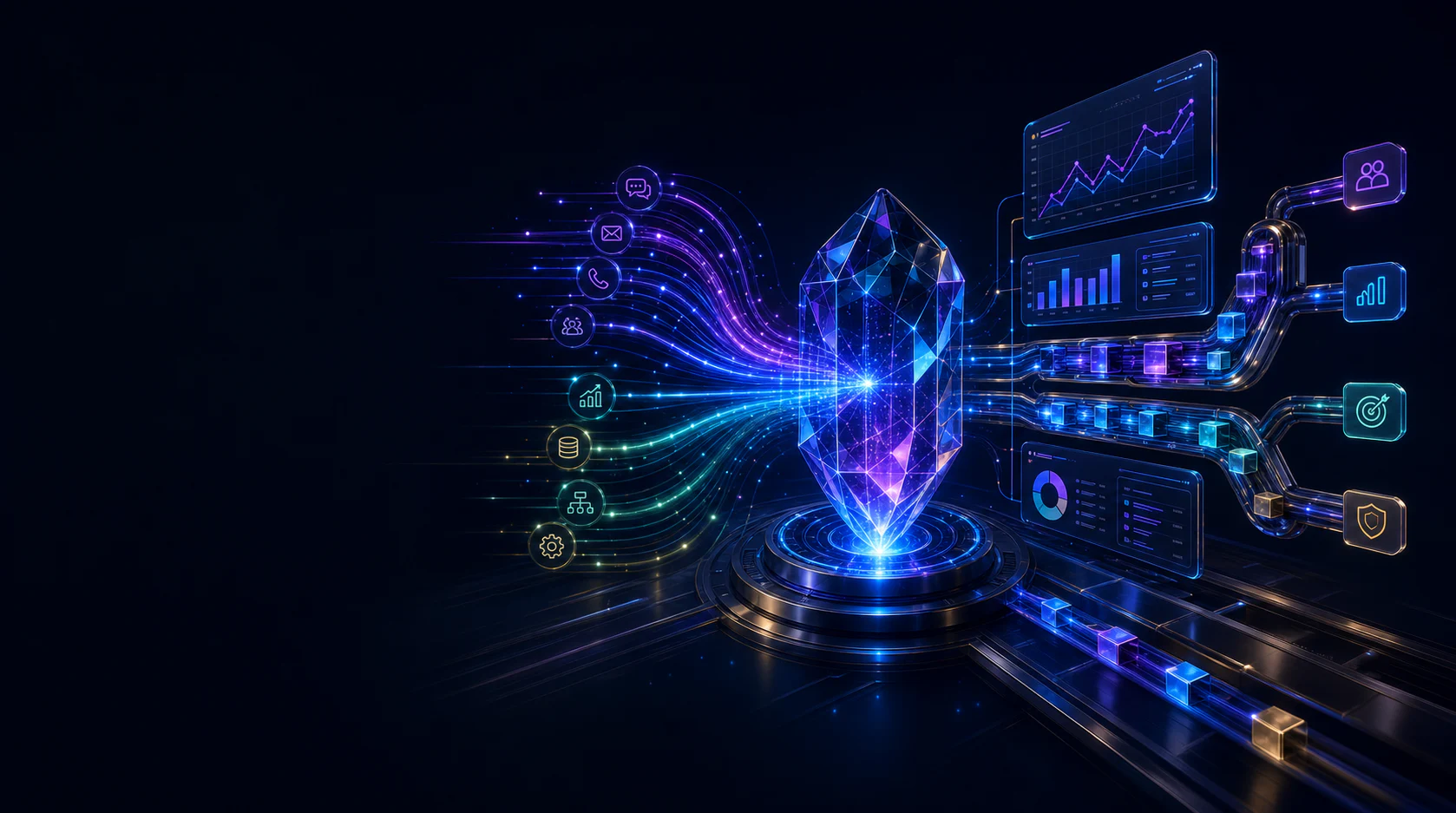 A luminous AI intelligence core connecting field conversations to sample business dashboards