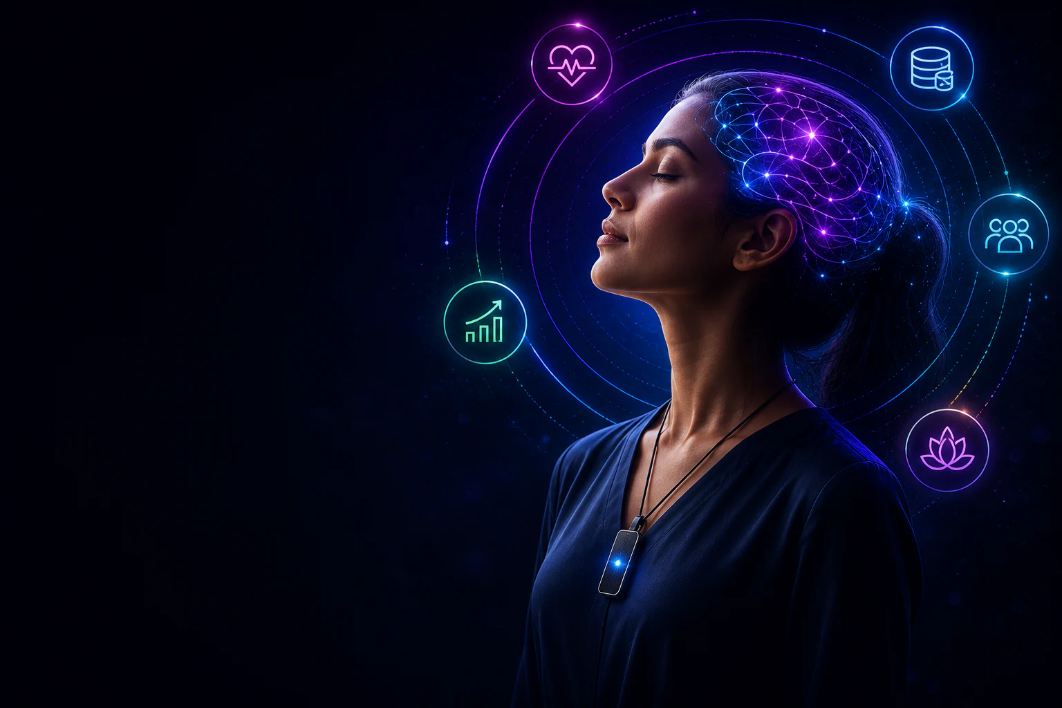 A person surrounded by a luminous AI intelligence network connecting life and business dimensions