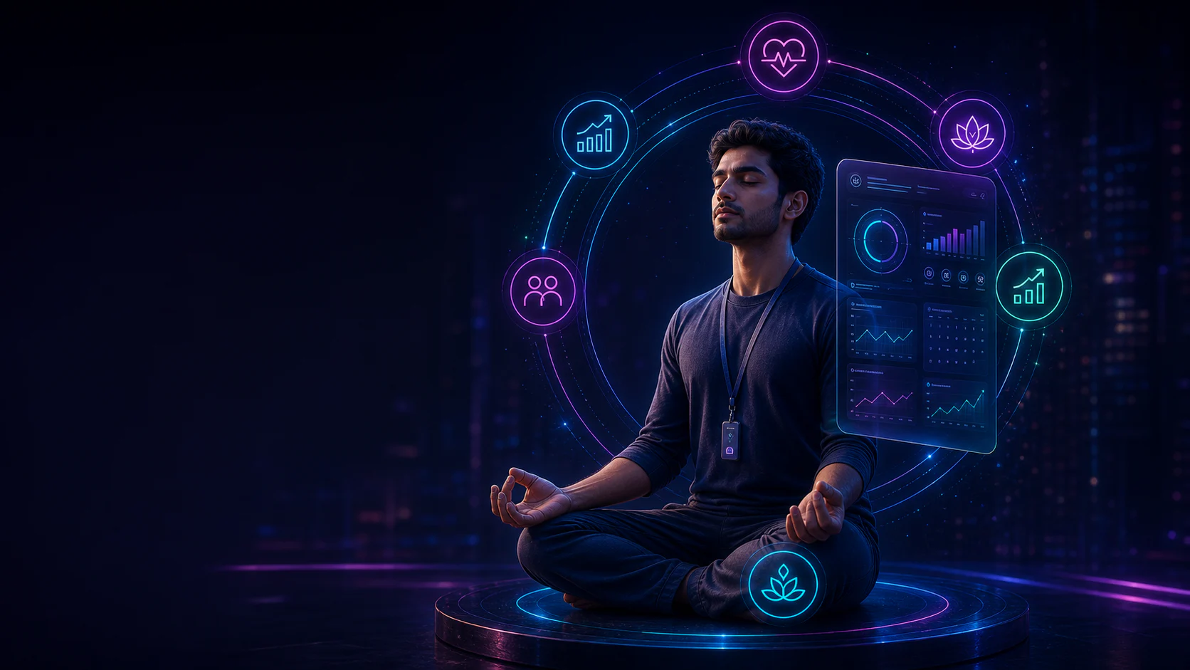 A person in reflection surrounded by luminous life dimensions and a conceptual personal dashboard