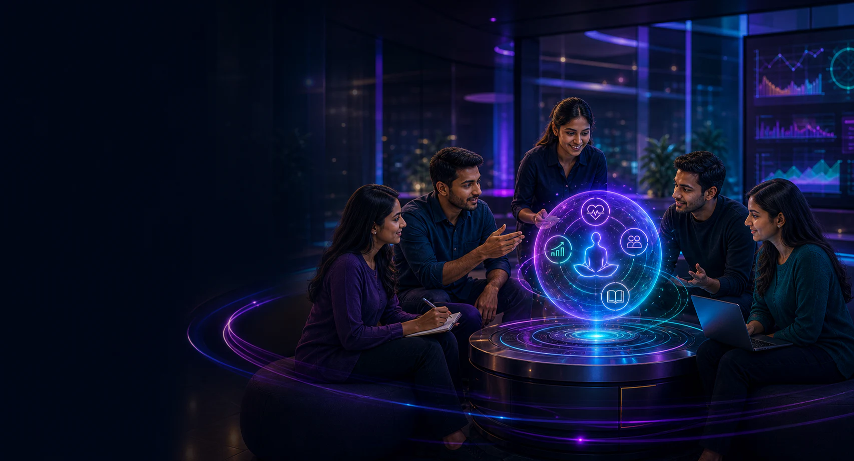 A diverse South Asian learning community around a luminous knowledge orb in a cinematic studio