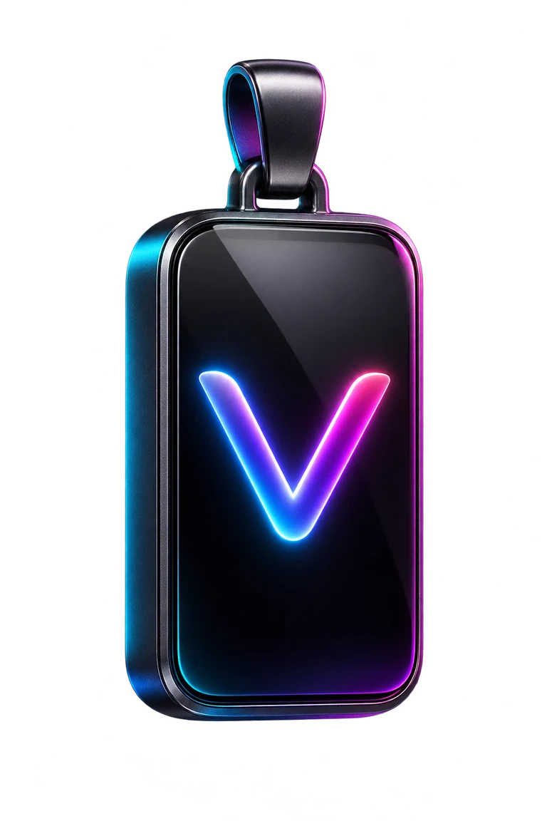 VAILYF concept wearable shown as a portrait rectangular pendant with a complete lanyard attachment