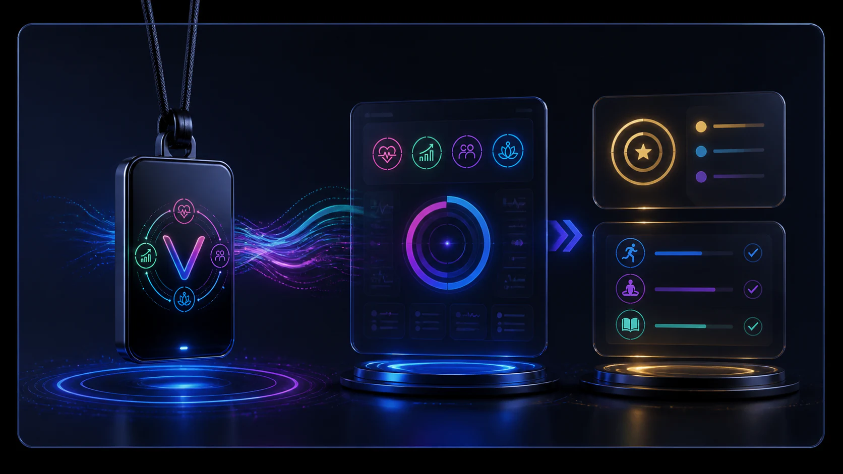 A complete rectangular lanyard pendant connected by luminous data to a conceptual PRM dashboard