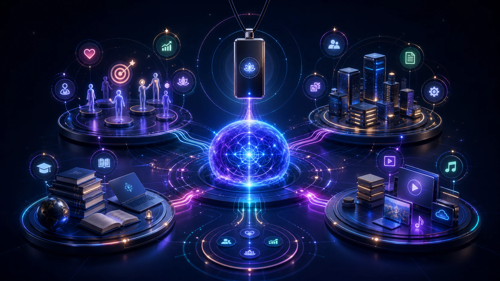 A neon connected ecosystem linking people, business, knowledge and a rectangular pendant device
