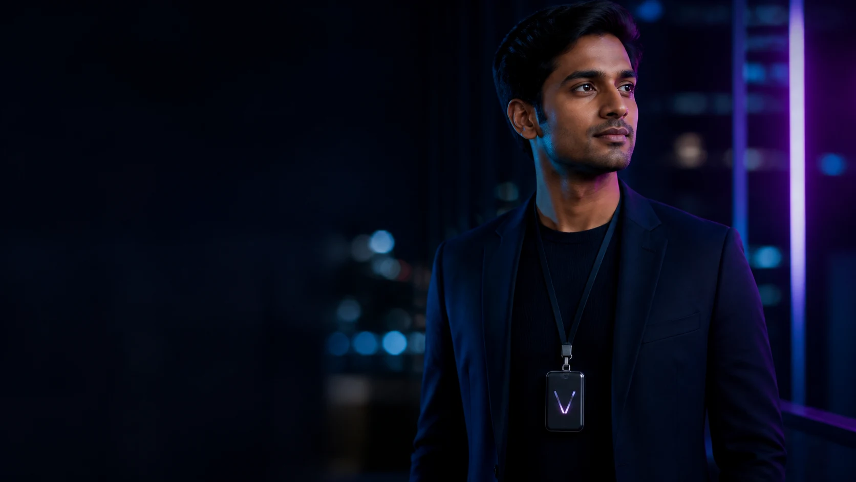 A professional wearing the full rectangular VAILYF concept pendant at chest level on a lanyard
