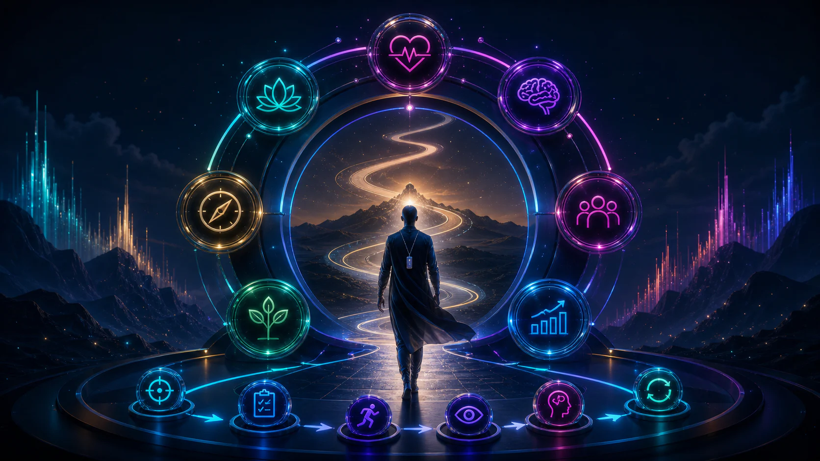 A luminous personal growth roadmap surrounded by health, relationships and development symbols
