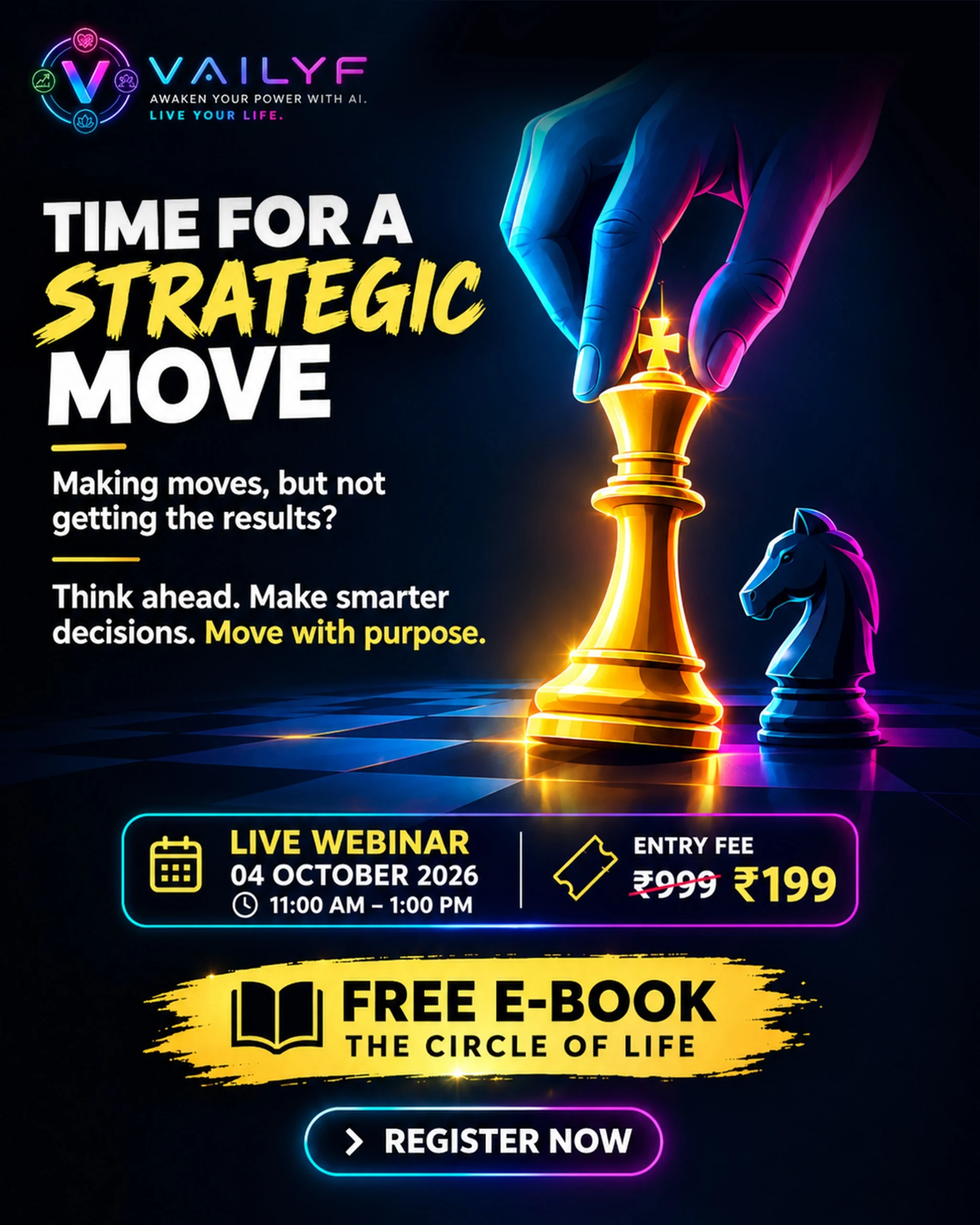 Strategic move webinar creative showing a glowing chess king and the Circle of Life e-book